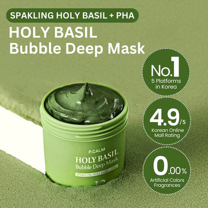 P.CALM Maska gazowana Holy Basil: glinka przekształcająca się w bąbelki, głęboko oczyszczająca pory, kontrola zaskórników i sebum, 90 g, kosmetyki do makijażu w stylu spa; organizery