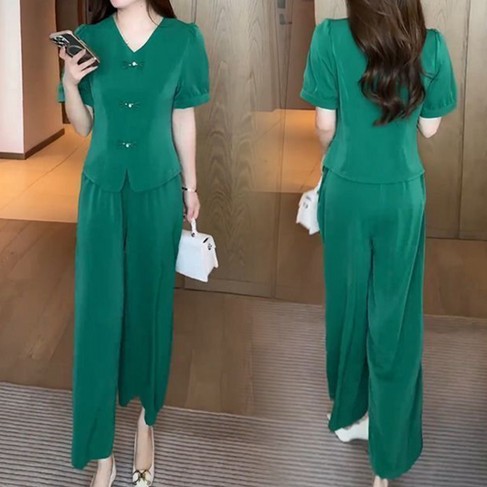 💖Ensemble 2 pièces haut à manches courtes et col en V et pantalon large assorti pour femme👘