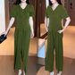 💖Ensemble 2 pièces haut à manches courtes et col en V et pantalon large assorti pour femme👘