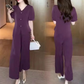 💖Ensemble 2 pièces haut à manches courtes et col en V et pantalon large assorti pour femme👘