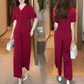 💖Ensemble 2 pièces haut à manches courtes et col en V et pantalon large assorti pour femme👘